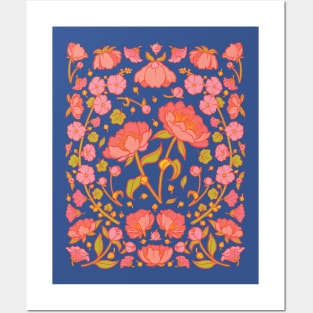 Peonies and Hollyhocks Folk Floral Posters and Art